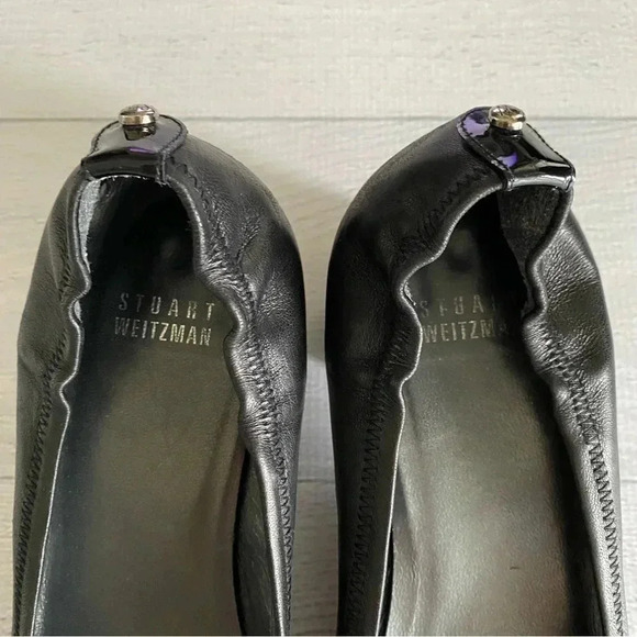 Stuart Weitzman Black Leather Comfy Chunky Heel Patent Bow Cap Toe Pumps Sz 8 - Picture 3 of 7